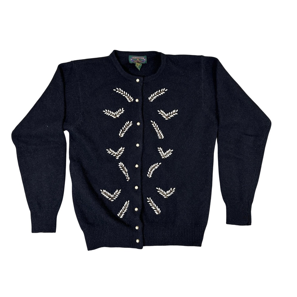 Charter Club Jane Justin Black Lambswool Angora Beaded Pearl Button Cardigan M